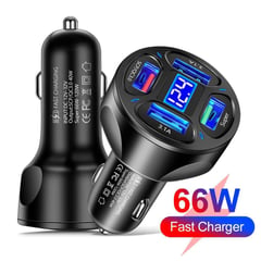 SMART ELECTRONIC - CARGADOR DE CELULAR 66W NEGRO PARA AUTO 4 PUERTOS USB PANTALLA DIGITAL