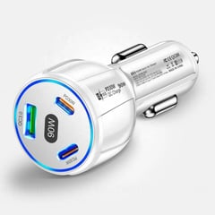 SMART ELECTRONIC - CARGADOR DE CELULAR 90W BLANCO PARA AUTO 3 PUERTOS USB Y USB-C RAPIDA