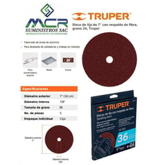 TRUPER - Disco de lija de 7" con respaldo de fibragrano 36 (5 UND)