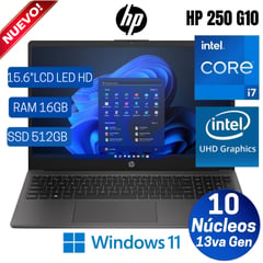 Laptop 250 G10 15.6" LCD LED HD, Core i7-1355U, 13va Gen, Ram 16GB, SSD 512GB, Win 11