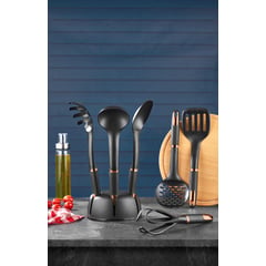 VIP AHMET - Set de utensilios de cocina con soporte, negro con cobre 6 piezas