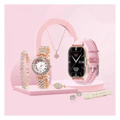 GENERICO - Set Smartwatch A58 Plus Rosado + Joyas (Reloj Cuarzo + Pulsera + Collar + Aretes+Anillo)