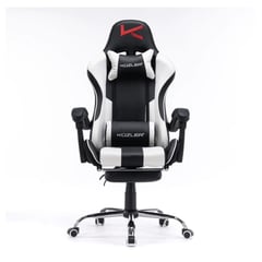 KUZLER - Silla Gamer blanca con masajeador lumbar reposapiés y base metálica