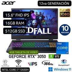 ACER - LAPTOP GAMER NITRO 5 INTEL CORE i7 12650H 12°Gen 15.6" IPS FHD 144Hz 16GB 512GB SSD RTX3050 4GB W11