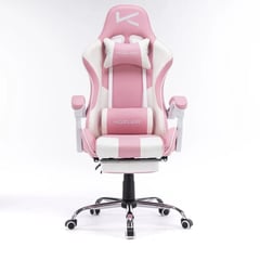 KUZLER - Silla Gamer Rosada con Masajeador Lumbar Reposapiés y base Metálica