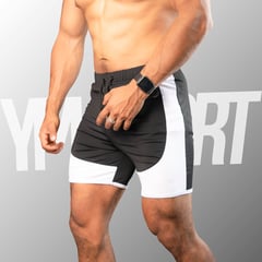 YML SPORT - Short Fitness Hombre - Short GYM Negro con Blanco -