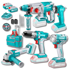 TOTAL TOOLS - Combo taladro + amoladora + llave de impacto + rotomartillo + linterna 20v Total