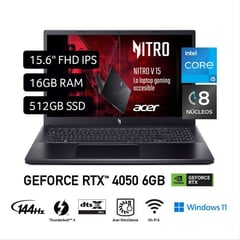 ACER - Laptop Acer Nitro V 15 156 Windows 11 Intel Core I5 13a Gen 8 Núcleos 16GB 512GB SSD NVIDIA RTX4050 6GB