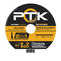 PTK - Disco de Corte Metal Acero Inox 4.5" x 1mm Cod. 1211510