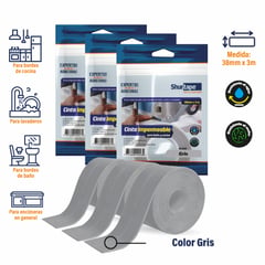 SHURTAPE - Cinta Impermeable Gris Pack x3 und - para baño y cocina 38mm x 3m