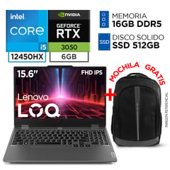 Laptop Gamer CORE I5 12450HX DDR5 16GB 512GB RTX 3050 6GB 15.6" LOQ + Mochila gratis
