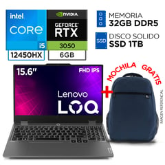 Laptop Gamer CORE I5 12450HX DDR5 32GB 1TB RTX 3050 6GB 15.6" LOQ + Mochila gratis