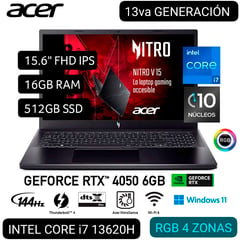 ACER - LAPTOP GAMER NITRO V15 ANV15-51-711U i7 13° GEN. 15.6 FHD IPS 144Hz 16GB 512GB RTX4050 6GB W11