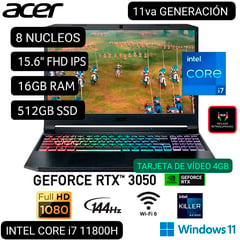 LAPTOP GAMER NITRO 5 AN515-57-75EK i7 11° GEN. 15.6 FHD IPS 144Hz 16GB 512GB RTX3050 4GB W11