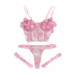 GENERICO - Sexy conjunto de lenceria transparente con encaje 3 partes - Rosa