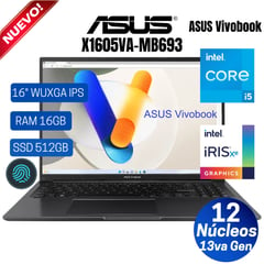 Laptop VivoBook X1605VA-MB693 16" WUXGA IPS, Core i5-13500H, Ram 16GB, Ssd 512GB, Free Dos