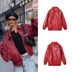 TIOZONEY - Chaqueta Cuero PU Mujer - Rojo