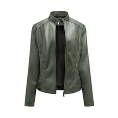 TIOZONEY - Chaqueta de cuero PU con cuello alto para mujer - Verde