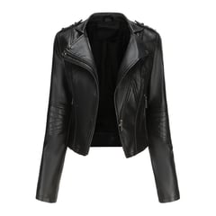 TIOZONEY - Chaqueta de cuero PU de manga larga con tachas para mujer -Negro