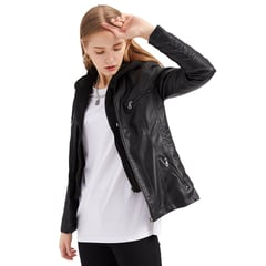 TIOZONEY - Chaqueta de cuero PU con gorro para mujer - Negro