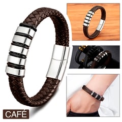 GENERICO - Pulsera para Hombre de Cuero y Acero Inoxidable Brazalete Café Marron