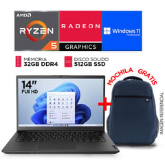 Laptop Amd Ryzen 5 5600U RAM 32B SSD 512GB Pantalla 14” FULL HD WINDOWS 11 + MOCHILA