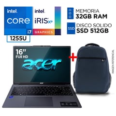 Laptop Intel Core i7 1255U 32GB 512GB ASPIRE 12° Gen 16 Pulgadas Full HD IPS + MOCHILA GRATIS