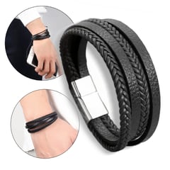 GENERICO - Pack Pulsera para hombre Cuero Acero Inoxidable 4 cuerdas