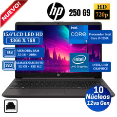 HP - Notebook 250 G9 15.6" LCD LED HD, Core i7-1255U,12va Gen, Ram 32GB, SSD 512GB, Free Dos