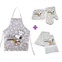 SNOOPY - Set de cocina 3pzs Mandil secadores y guante Plomo