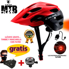 CIGNA - Casco Rojo MTB con Luz USB Gratis Timbre y Mascarilla