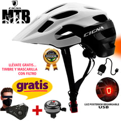 CIGNA - Casco Blanco MTB con Luz USB Gratis Timbre y Mascarilla