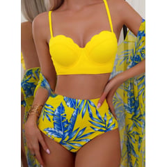 GENERICO - Swim Bañador bikini push up con estampado tropical con kimono SHEIN