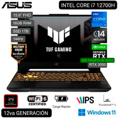 ASUS - LAPTOP GAMER TUF F15 FX507ZC4-HN132W i7 12° GEN 15.6 FHD IPS 144Hz 16GB RAM 1TB SSD RTX3050 4GB W11