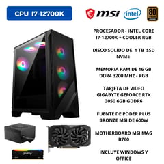 MSI - PC GAMER INTEL I7-12700K, RAM 16 GB DDR4, 1 TB SSD, TARJETA VIDEO 6 GB