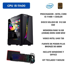 PC INTEL I5-11400, RAM 16 GB DDR4, 512 GB SSD, FUENTE PLUS BRONZE 600W