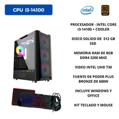 TEROS - PC GAMER INTEL I3-14100, RAM 8 GB DDR4 3200, 512 GB SSD, FUENTE 80 PLUS BRONZE