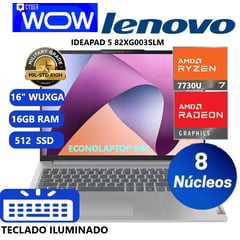 LENOVO - Laptop IPS 5 16ABR8 R7-7730U 16GB RAM 512GB SSD 16" TECLADO ILUMINADO