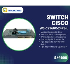 CISCO - Switch Catalyst 24 puertos WS-C2960X-24PS-L