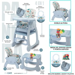 CAM - Silla de comer para bebe CARPETA PANDA CELESTE 4 en 1