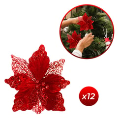 BUYPAL - Pack de 12 Flores Navideñas Escarchadas Rojo