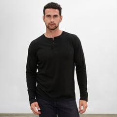 DROP THE LABEL - Polo Negro Henley Manga Larga para Hombre Algodón Pima