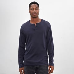 DROP THE LABEL - Polo Azul Oscuro Henley Manga Larga para Hombre Algodón Pima