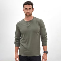 DROP THE LABEL - Polo Verde Oliva Henley Manga Larga para Hombre Algodón Pima