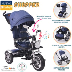 EBABY - Triciclo CHOPPER reclinable musical y giratorio AZUL