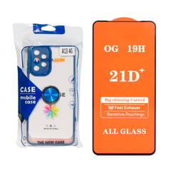 GENERICO - Case Transparente Cromado + Aro + Mica Vidrio Samsung A13 4G Azul