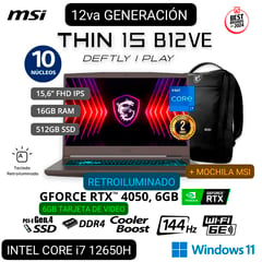 LAPTOP GAMER THIN 15 B12VE-1497PE i7 12650H 15.6"FHD IPS 144Hz 16GB 512GB SSD NVIDIA RTX4050 6GB W11