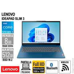 LENOVO - LAPTOP IDEAPAD SLIM 3 15.6" FHD CORE I5-12450H RAM 8GB-LPDDR5 512GB-SSD SIN SISTEMA OPERATIVO