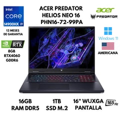 ACER - LAPTOP PREDATOR HELIOS NEO 16 CORE I9-14900HX 16GB RAM 1TB SSD 8GB RTX4060 16" WIN 11 AMERICANA