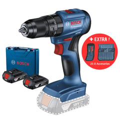 BOSCH - Taladro atornillador percutor 18V GSB 185-LI +2 Baterías +23accesorios